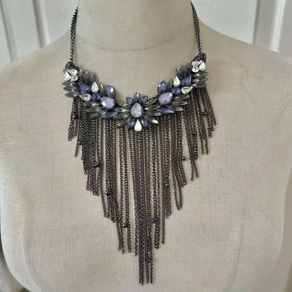 Gunmetal Statement Bib Necklace with Lavender & Crystal Accents